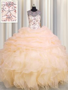 Cheap See Through Peach Scoop Neckline Beading and Ruffles and Pick Ups Quinceanera Gowns Sleeveless Lace Up