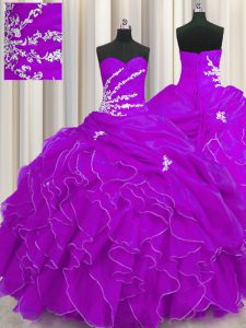 Purple Sleeveless Organza Lace Up Sweet 16 Quinceanera Dress for Military Ball and Sweet 16 and Quinceanera
