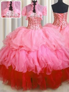 Visible Boning Bling-bling Beading and Ruffled Layers Vestidos de Quinceanera Rose Pink Lace Up Sleeveless Floor Length