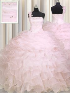 Inexpensive One Shoulder Baby Pink Sleeveless Organza Zipper Sweet 16 Dress for Military Ball and Sweet 16 and Quinceane