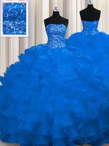 Inexpensive Sleeveless Beading and Ruffles Lace Up Ball Gown Prom Dress with Royal Blue Sweep Train