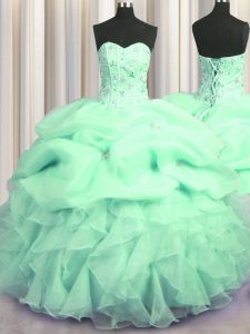 Best Selling Visible Boning Apple Green Sleeveless Floor Length Beading and Ruffles Lace Up 15 Quinceanera Dress