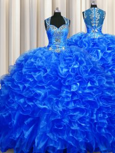 Zipper Up See Through Back Royal Blue Sleeveless With Train Beading and Ruffles Zipper Quinceanera Gowns