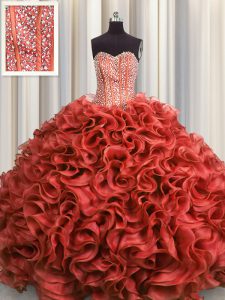Visible Boning Floor Length Rust Red Quinceanera Dress Organza Sleeveless Beading and Ruffles