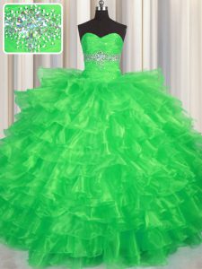 Wonderful Floor Length Green Sweet 16 Dress Organza Sleeveless Beading and Ruffled Layers