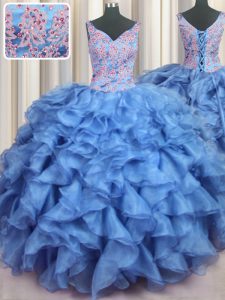 Decent Ruffled V Neck Floor Length Baby Blue Sweet 16 Dress Organza Sleeveless Appliques and Ruffles