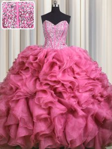 Visible Boning Bling-bling Rose Pink Lace Up Sweetheart Beading and Ruffles Quinceanera Dresses Organza Sleeveless Brush