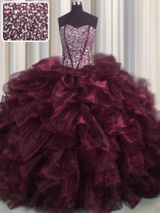 Visible Boning Bling-bling Burgundy Organza Lace Up Quince Ball Gowns Sleeveless With Brush Train Beading and Ruffles