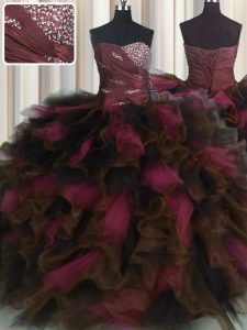 Customized Wine Red Sweetheart Neckline Beading and Ruffles and Ruffled Layers Quince Ball Gowns Sleeveless Lace Up