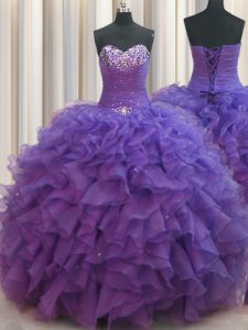 Delicate Beaded Bust Sweetheart Sleeveless Lace Up Ball Gown Prom Dress Purple Organza