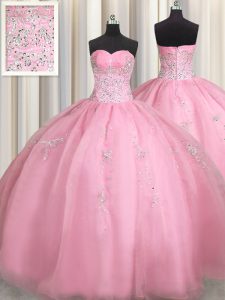 High Class Rose Pink Organza Zipper Sweetheart Sleeveless Floor Length Quinceanera Gowns Beading and Appliques