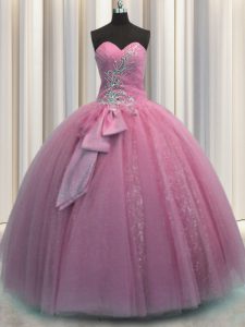 Sequins Bowknot Floor Length Ball Gowns Sleeveless Rose Pink Sweet 16 Dresses Lace Up