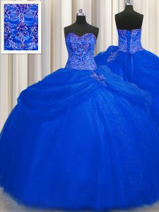 Big Puffy Royal Blue Ball Gowns Sweetheart Sleeveless Tulle Floor Length Lace Up Beading Quinceanera Gowns