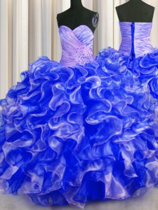 Perfect Royal Blue Ball Gowns Sweetheart Sleeveless Organza Floor Length Lace Up Beading and Ruffles Quince Ball Gowns