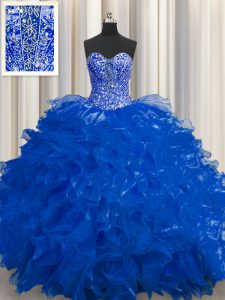 Fitting See Through Floor Length Ball Gowns Sleeveless Royal Blue Sweet 16 Quinceanera Dress Lace Up