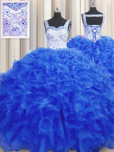 Sweet Straps Sleeveless Lace Up 15 Quinceanera Dress Royal Blue Organza