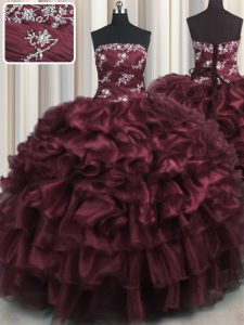 Unique Wine Red Ball Gowns Appliques and Ruffles and Ruffled Layers Ball Gown Prom Dress Lace Up Organza Sleeveless Floo