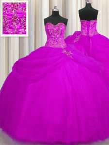 Colorful Fuchsia Sleeveless Floor Length Beading Lace Up Quinceanera Gown