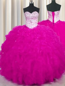 Sleeveless Floor Length Beading and Ruffles Lace Up Sweet 16 Dresses with Fuchsia