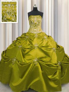 Flare Floor Length Olive Green Quinceanera Dress Taffeta Sleeveless Beading and Appliques and Embroidery