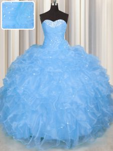 Floor Length Baby Blue Quince Ball Gowns Sweetheart Sleeveless Lace Up