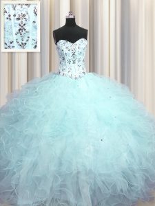 Best Selling Visible Boning Light Blue Sleeveless Beading and Appliques and Ruffles Floor Length 15th Birthday Dress