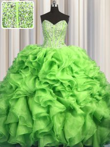 Spectacular Visible Boning Brush Train With Train Lace Up Quinceanera Dress Green for Military Ball and Sweet 16 and Qui
