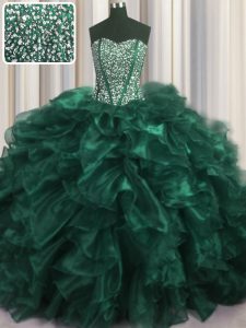 Exceptional Visible Boning Bling-bling Turquoise Ball Gowns Sweetheart Sleeveless Organza With Brush Train Lace Up Beadi