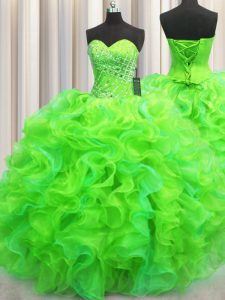 Custom Made Green Lace Up Sweetheart Beading and Ruffles Quinceanera Gown Organza Sleeveless