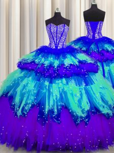 Hot Selling Bling-bling Visible Boning Sleeveless Beading and Ruffles and Ruffled Layers and Sequins Lace Up Quinceanera