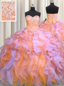 Multi-color Lace Up Sweetheart Beading and Appliques and Ruffles 15th Birthday Dress Organza Sleeveless