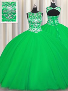 Scoop Sleeveless Lace Up Quinceanera Gown Green Tulle