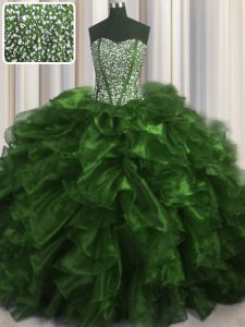 Visible Boning Brush Train Olive Green Ball Gowns Beading and Ruffles Quinceanera Dresses Lace Up Organza Sleeveless Wit