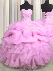 Lovely Pick Ups Visible Boning Lilac Sleeveless Organza Lace Up Quince Ball Gowns for Military Ball and Sweet 16 and Qui