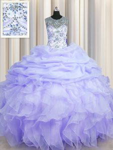Fancy See Through Lavender Scoop Lace Up Beading and Ruffles and Pick Ups Quinceanera Gowns Sleeveless