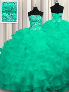 Strapless Sleeveless Organza 15 Quinceanera Dress Beading and Ruffles Sweep Train Lace Up