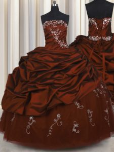 New Style Embroidery Burgundy Taffeta Lace Up Sweet 16 Dress Sleeveless Floor Length Beading and Appliques and Pick Ups
