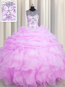 Dynamic See Through Sleeveless Beading and Ruffles and Pick Ups Lace Up Quince Ball Gowns