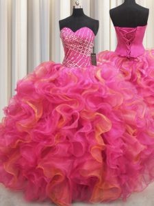 On Sale Hot Pink Organza Lace Up Sweetheart Sleeveless Floor Length Quince Ball Gowns Beading and Ruffles