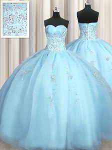 Ideal Big Puffy Sleeveless Floor Length Beading and Appliques Zipper Quinceanera Gowns with Baby Blue