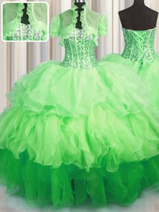 Visible Boning Bling-bling Ball Gowns Beading and Ruffled Layers Quince Ball Gowns Lace Up Organza Sleeveless Asymmetric