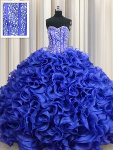 Beautiful Visible Boning Royal Blue Ball Gowns Sweetheart Sleeveless Organza Floor Length Lace Up Beading and Ruffles Sw