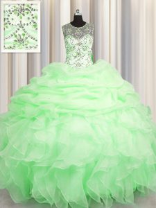 Pretty Scoop See Through Floor Length Quince Ball Gowns Organza Sleeveless Beading and Ruffles and Pick Ups