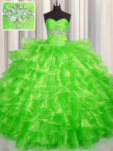 Fabulous Organza Lace Up Sweetheart Sleeveless Floor Length Quince Ball Gowns Beading and Ruffled Layers
