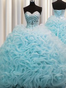Custom Fit Rolling Flowers Aqua Blue Organza Lace Up Sweetheart Sleeveless Quinceanera Dress Brush Train Beading and Pic