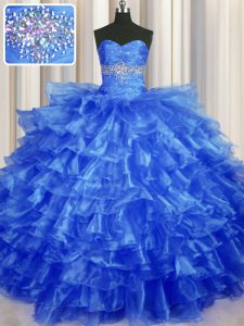 Royal Blue Organza Lace Up Sweetheart Sleeveless Floor Length Quinceanera Gown Beading and Ruffled Layers