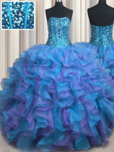 Visible Boning Bling-bling Multi-color Organza Lace Up Sweet 16 Quinceanera Dress Sleeveless Floor Length Beading and Ru