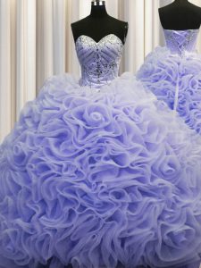 Free and Easy Rolling Flowers Brush Train Lavender Sleeveless Beading and Pick Ups Lace Up Quince Ball Gowns