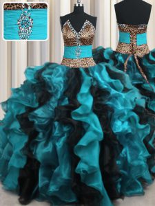 Latest Leopard Two Tone Ball Gowns Quinceanera Gowns Multi-color V-neck Organza Sleeveless Floor Length Lace Up