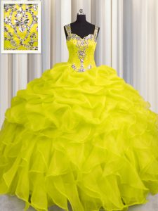 Suitable See Through Zipper Up Straps Sleeveless Zipper Ball Gown Prom Dress Yellow Organza